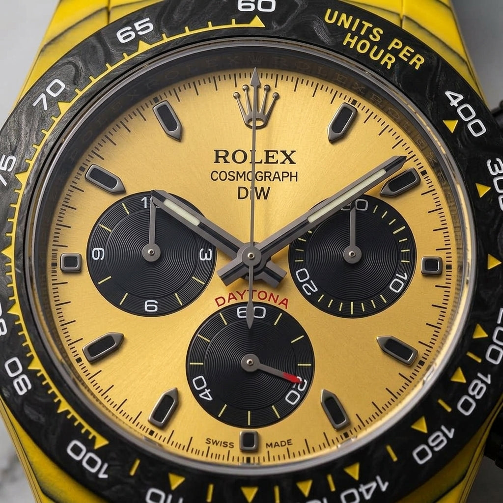 Macro of the golden-yellow dial and its three black counters inside the black marbled bezel