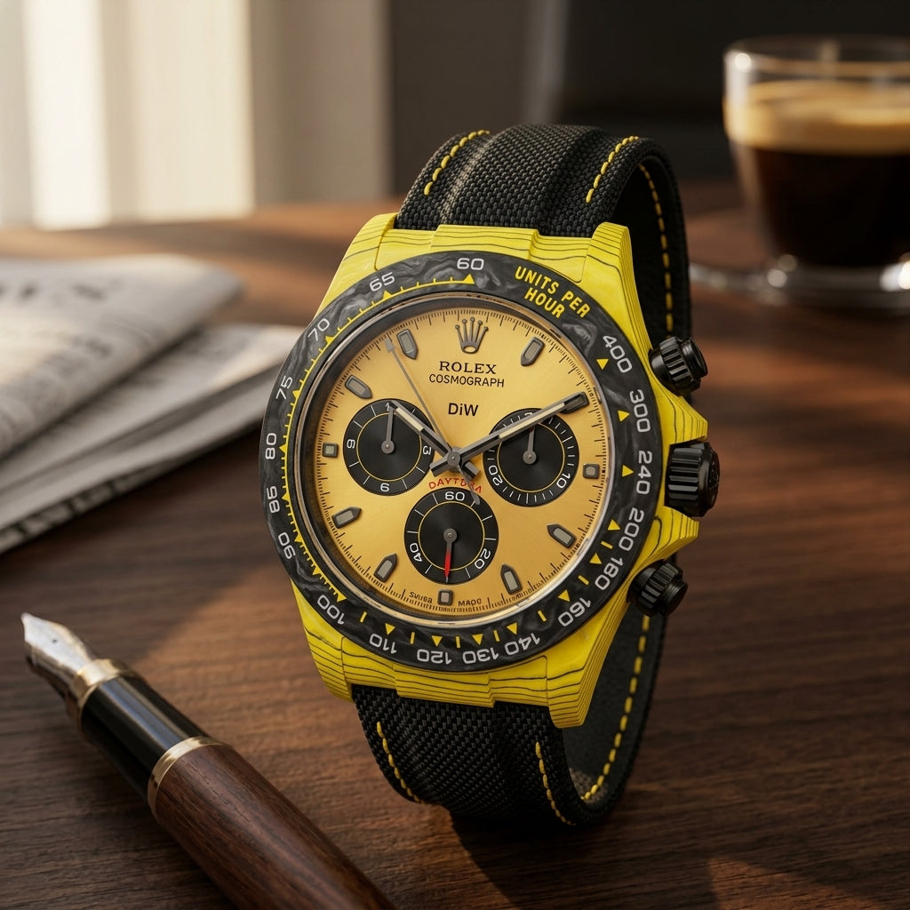 Yellow forged carbon chronograph with a yellow dial and black counters on a dark walnut desk beside a fountain pen