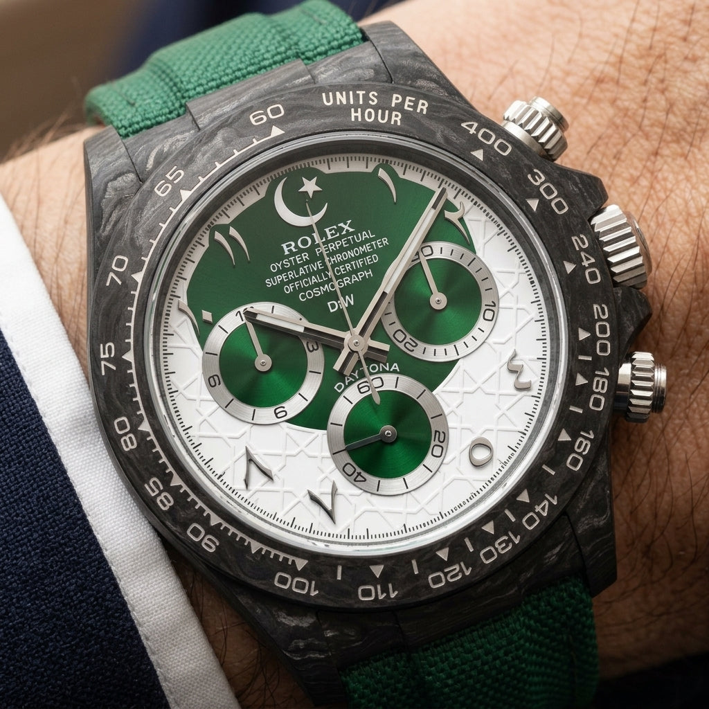 Forged-carbon chronograph on a green woven strap, worn under a cuff