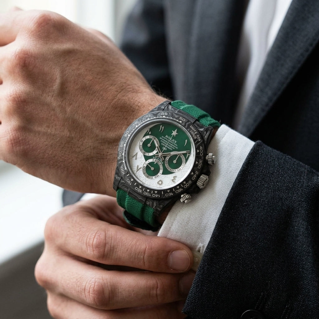 Forged-carbon chronograph with a green and white dial on the wrist as a shirt cuff is fastened