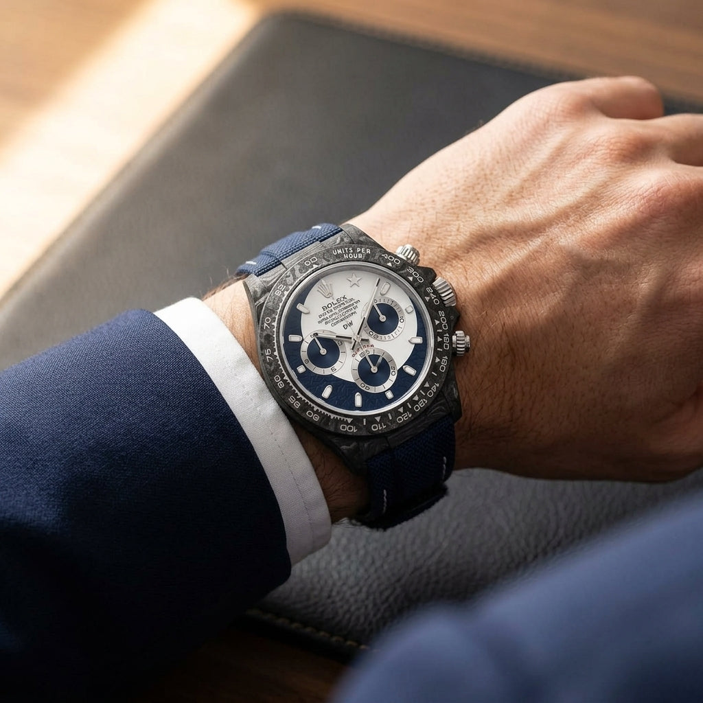 Forged-carbon chronograph on a navy woven strap, worn under a cuff