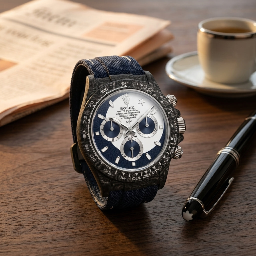 Forged-carbon chronograph with a white and navy split dial on a dark walnut desk beside a fountain pen