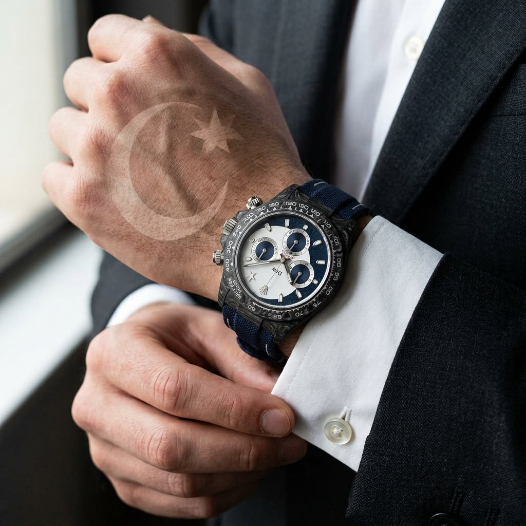 Forged-carbon chronograph with a white and navy split dial on the wrist as a shirt cuff is fastened