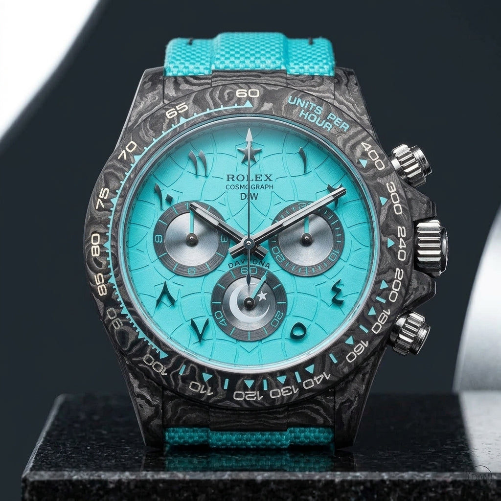 Forged-carbon chronograph with a turquoise crackle dial on black granite