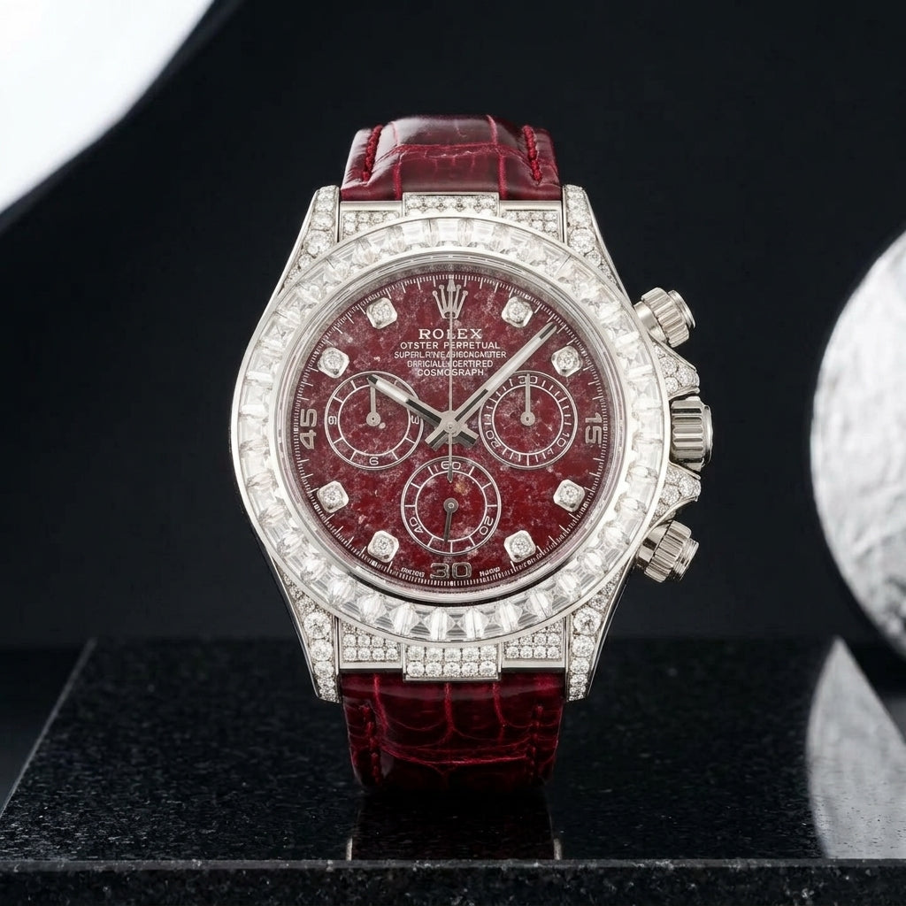 White gold chronograph with a red stone dial and baguette bezel on black granite