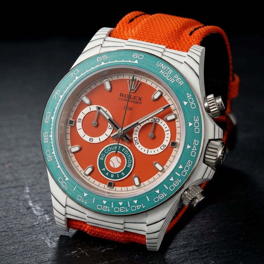 White carbon chronograph at a three-quarter angle on dark slate, the teal bezel beside the fluted steel crown and pushers