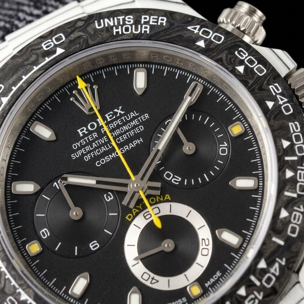 Macro of the black dial with yellow square markers, a yellow chronograph hand and a silver-white ring round the six o'clock counter inside the forged-carbon bezel