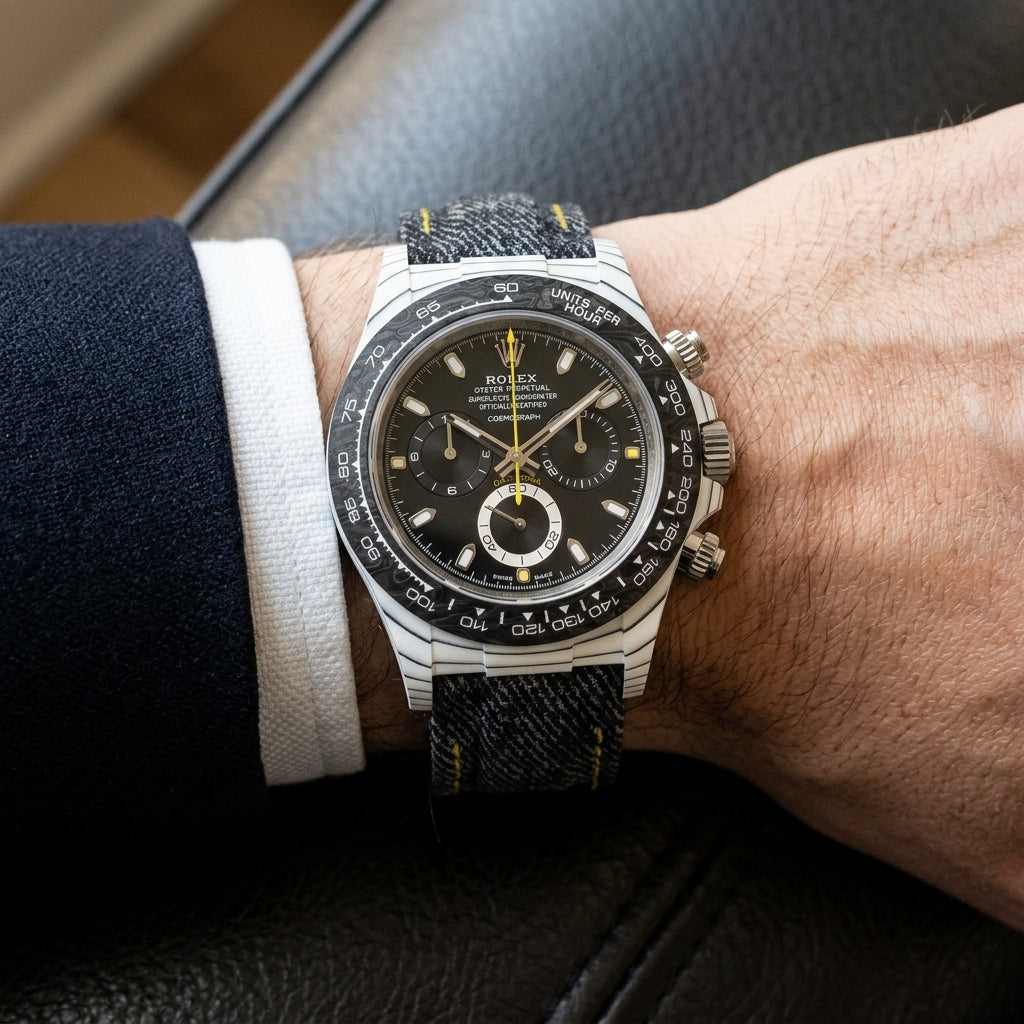 White carbon chronograph with a black dial on its denim strap with yellow stitching, worn on the wrist below a dark suit cuff