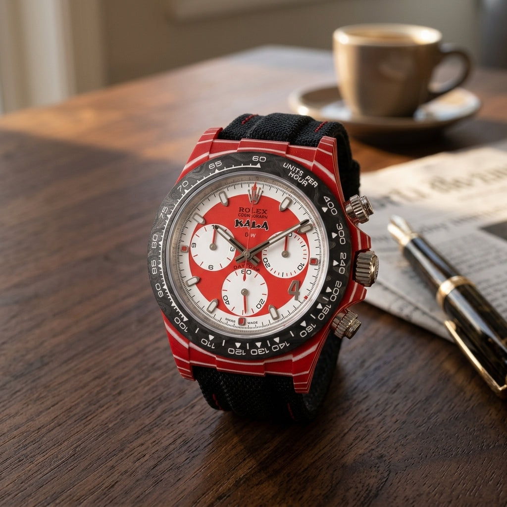 Red carbon chronograph with a red-and-white dial and a black carbon bezel on a dark walnut desk beside a fountain pen