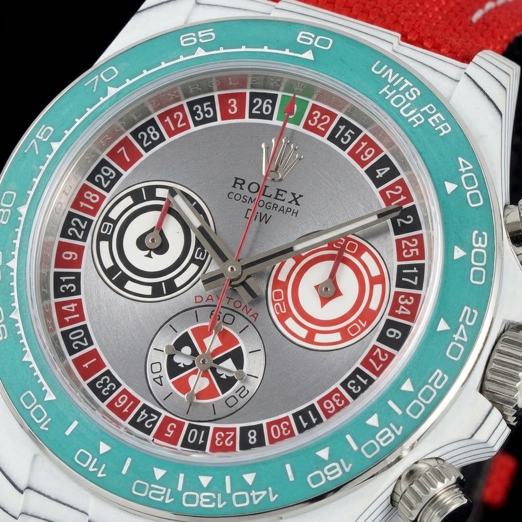 Macro of the roulette-wheel dial with its red, black and green pockets and three casino-chip counters inside the teal bezel