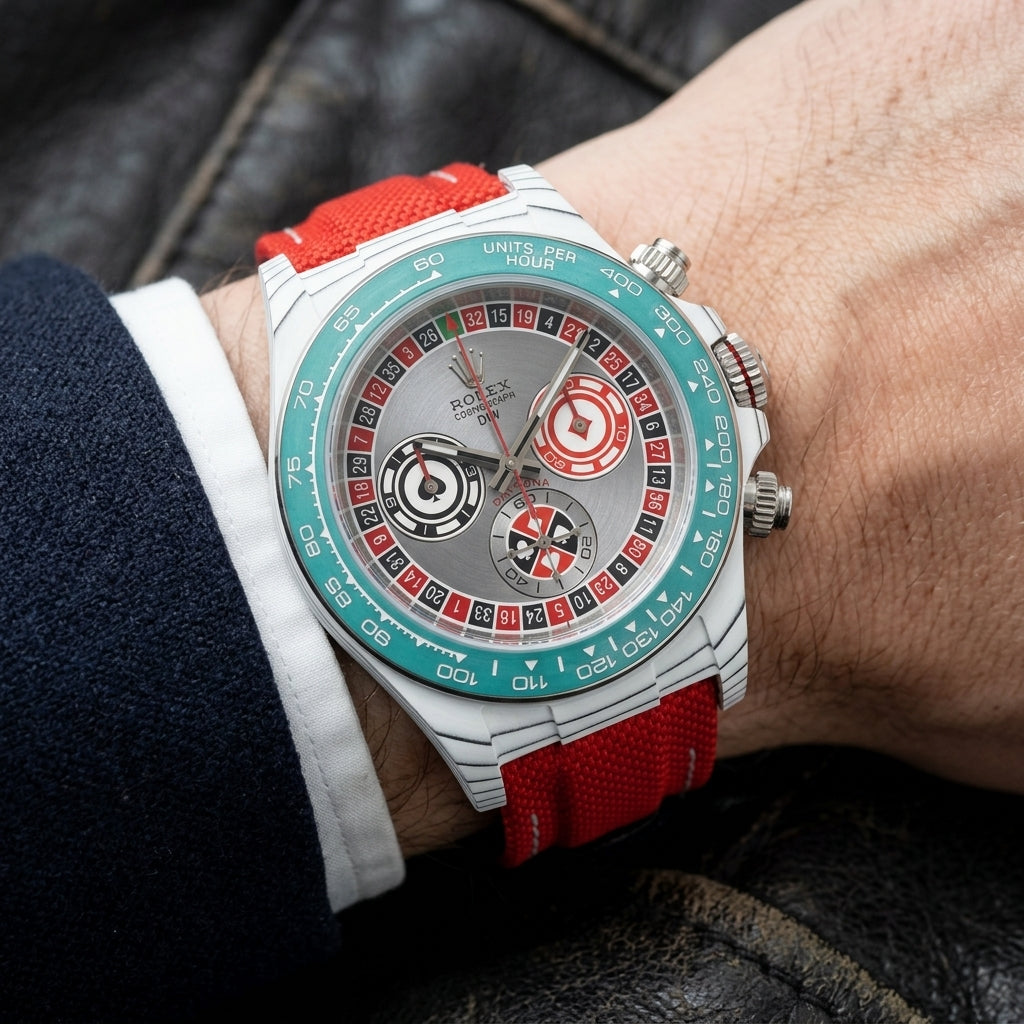 White carbon chronograph with a roulette-wheel dial on its red canvas strap, worn on the wrist below a dark suit cuff