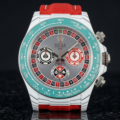 White carbon chronograph with a roulette-wheel dial on its red canvas strap, worn on the wrist below a dark suit cuff