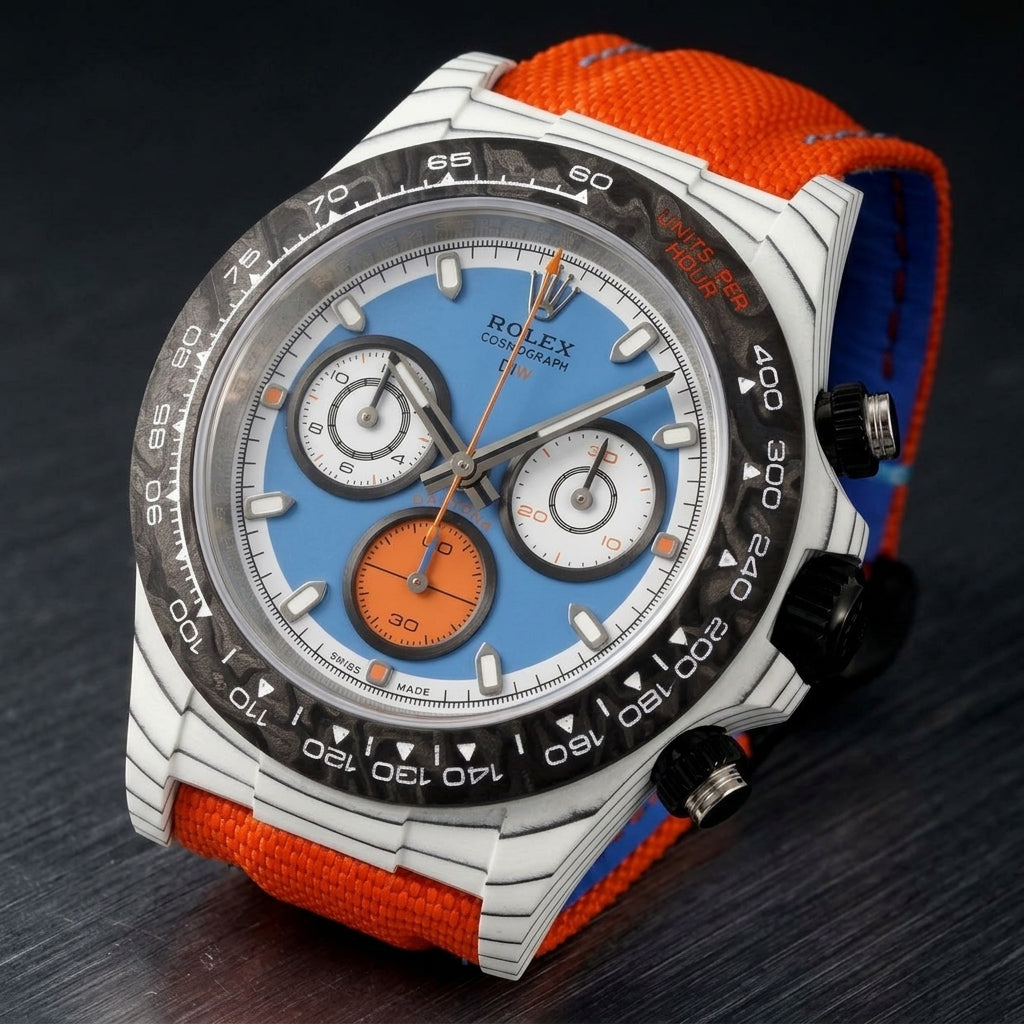 White carbon chronograph at a three-quarter angle on dark slate, the black crown and steel-capped pushers beside the forged-carbon bezel