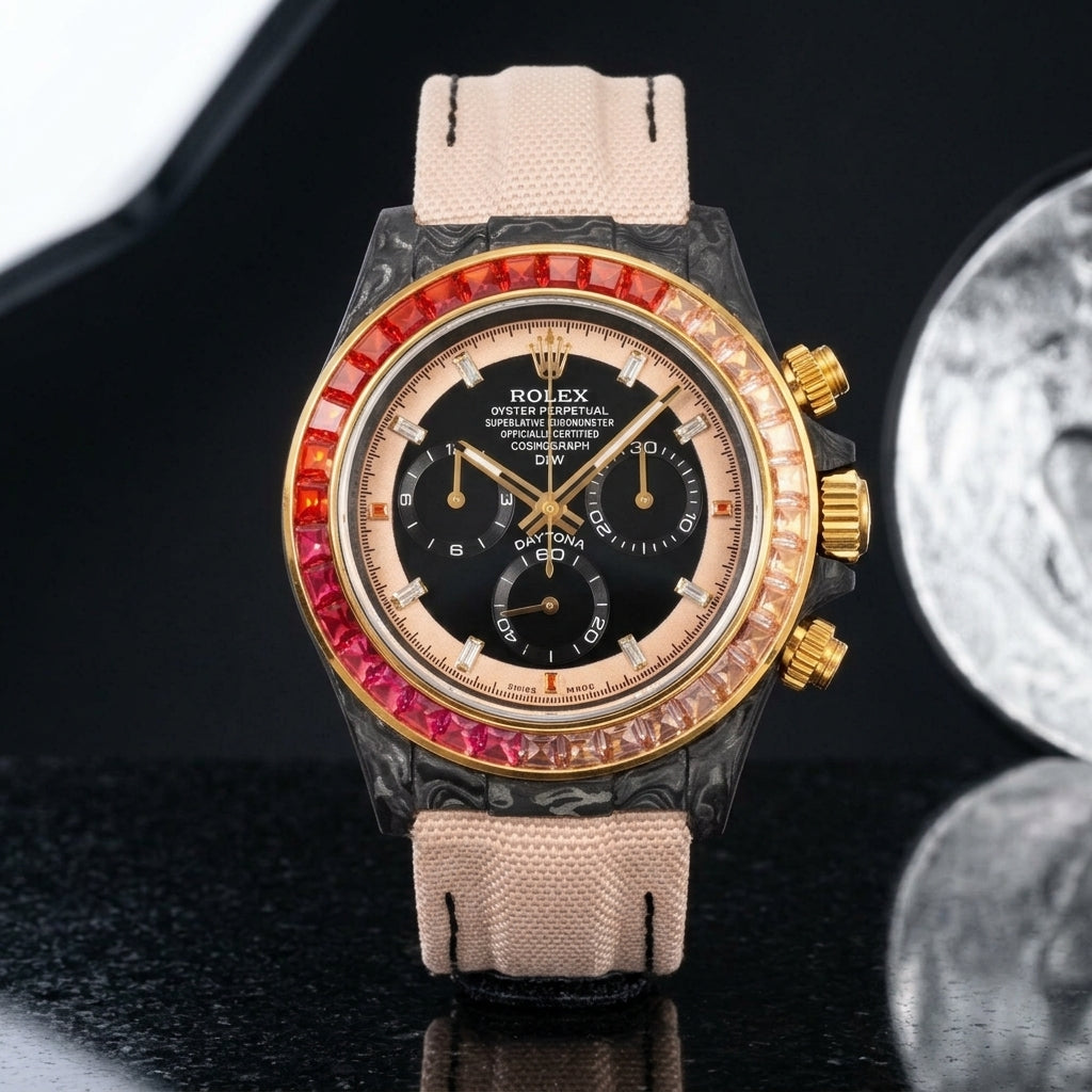 Forged carbon chronograph with black and rose gold dial and graduated stone bezel on black granite