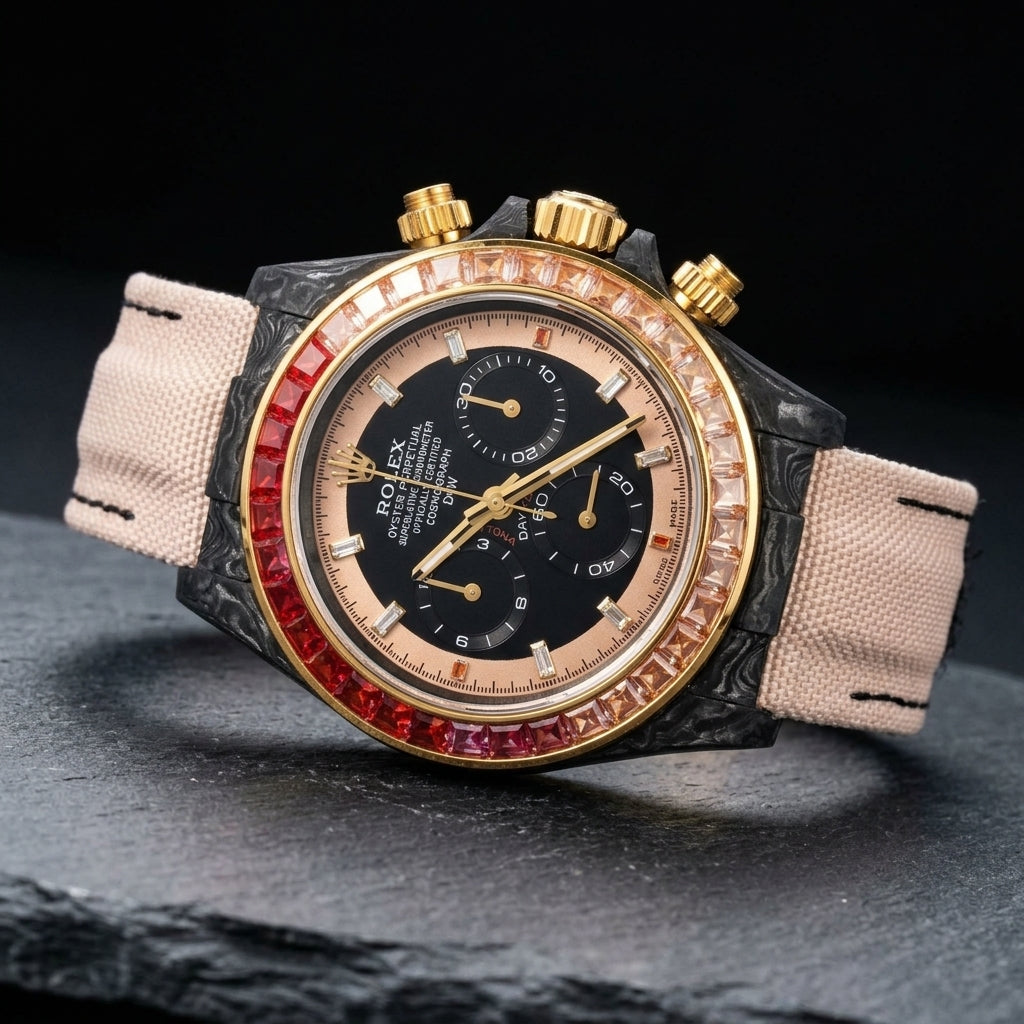 Black and rose gold carbon chronograph at a three-quarter angle on dark slate