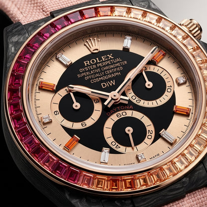 Macro of the rose gold dial ring, baguette markers and graduated stone bezel