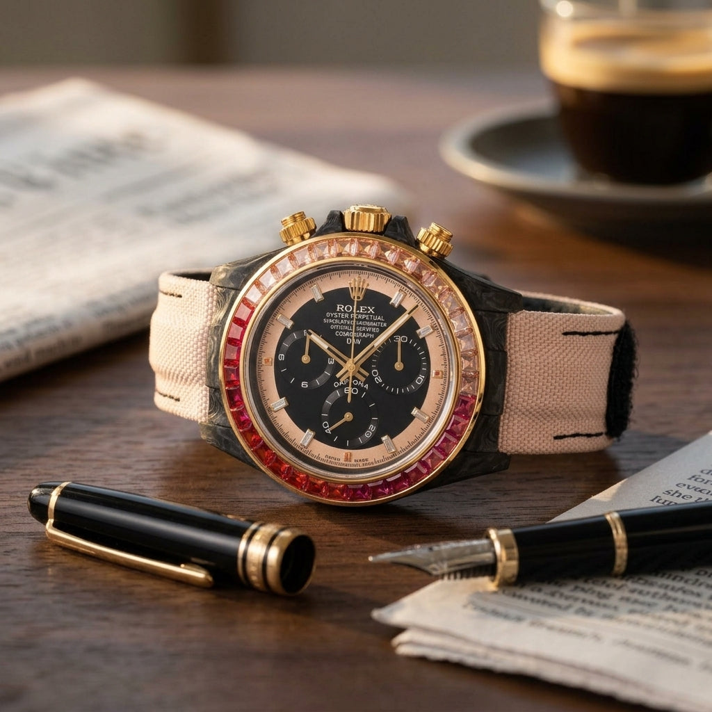 Forged carbon chronograph with a black and rose gold dial on a dark walnut desk beside a fountain pen