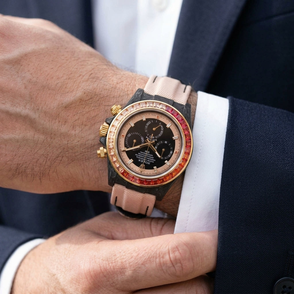 Forged carbon chronograph with a black and rose gold dial on the wrist as a shirt cuff is fastened
