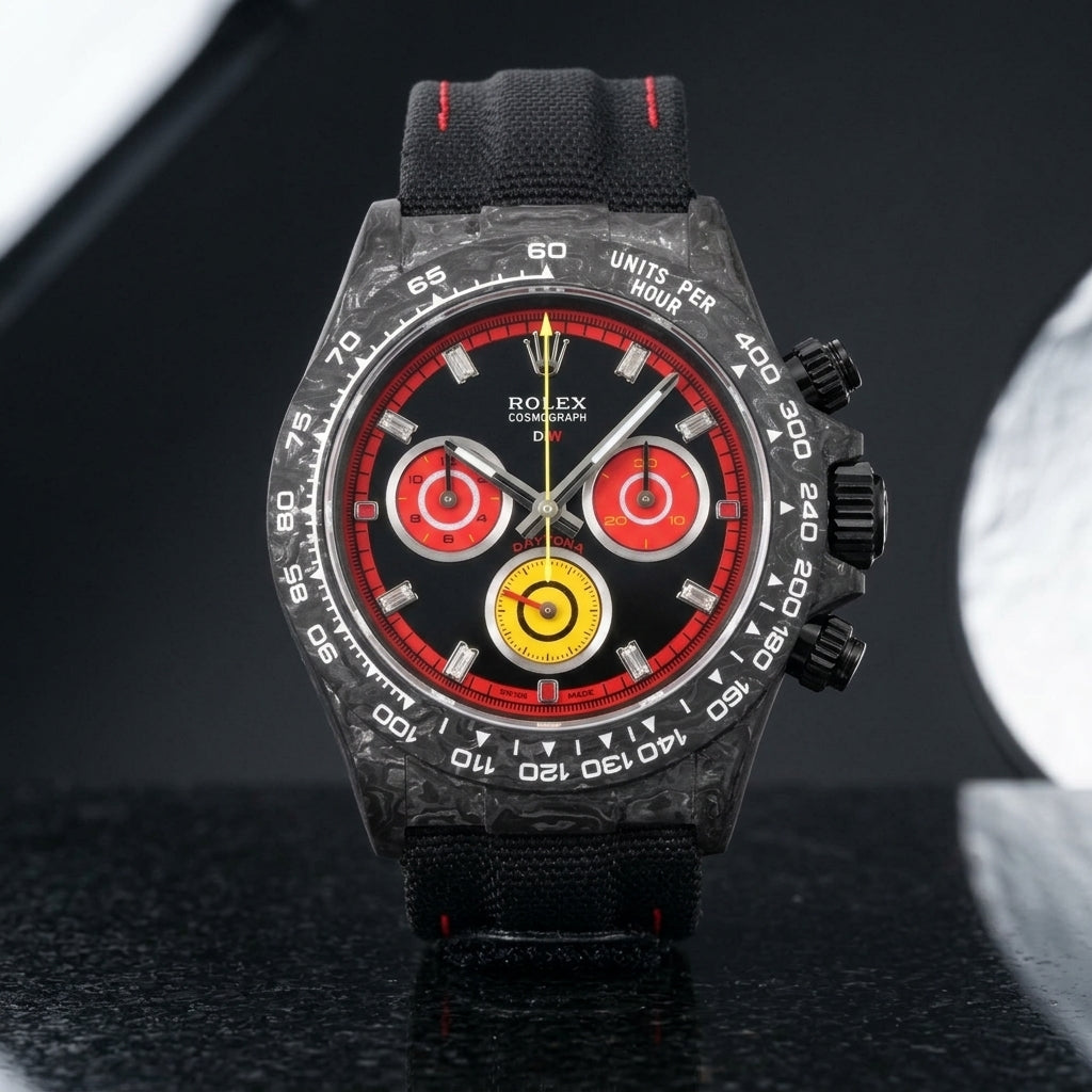 Forged carbon racing chronograph with black and red dial and yellow counter on black granite