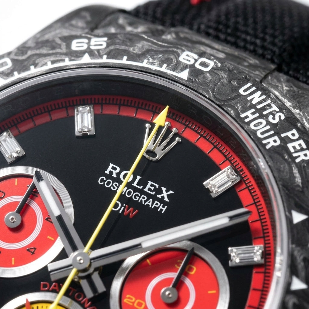 Macro of the red racing dial, yellow counter and carbon tachymeter bezel