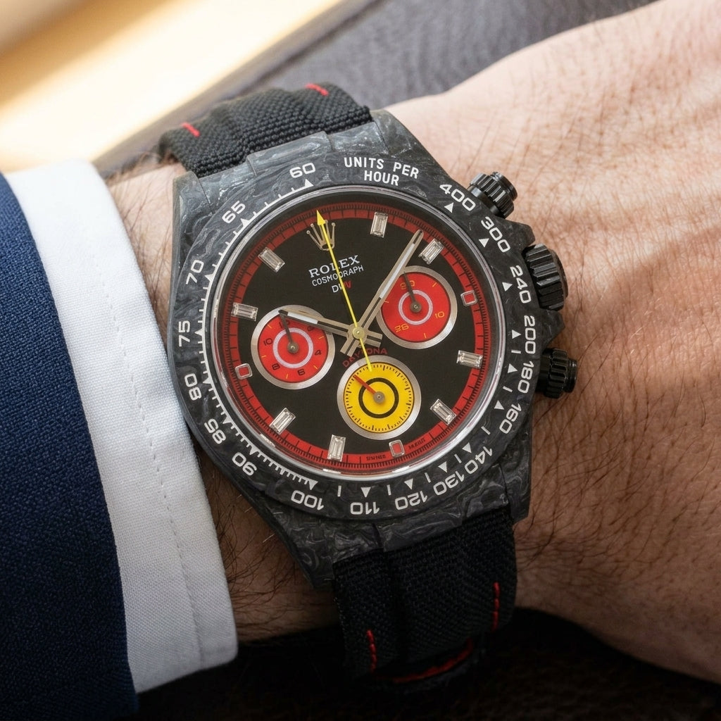 Carbon racing chronograph on a black fabric strap worn under a suit cuff