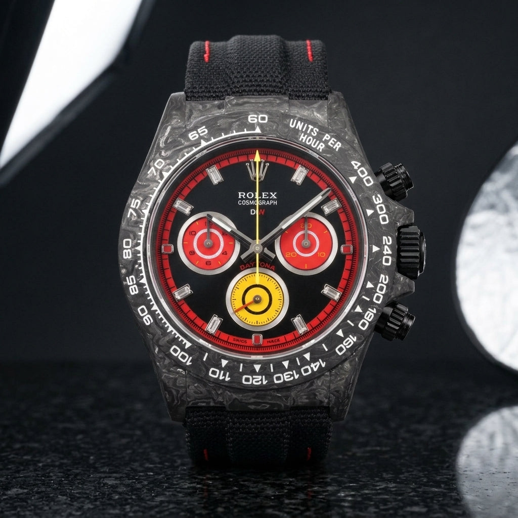 Carbon racing chronograph on a black fabric strap worn under a suit cuff