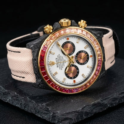 White and copper carbon chronograph at a three-quarter angle on dark slate