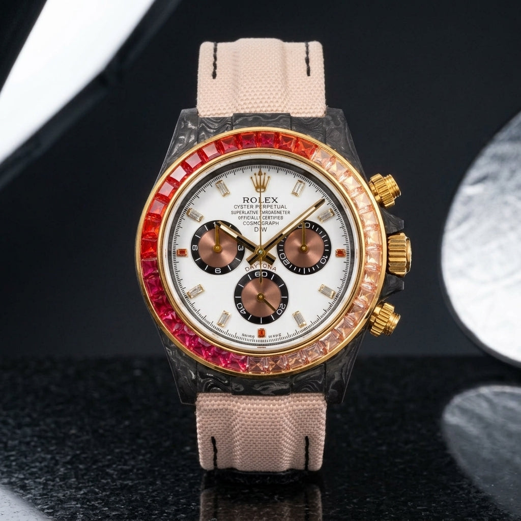 White dial carbon chronograph on a blush fabric strap worn under a suit cuff