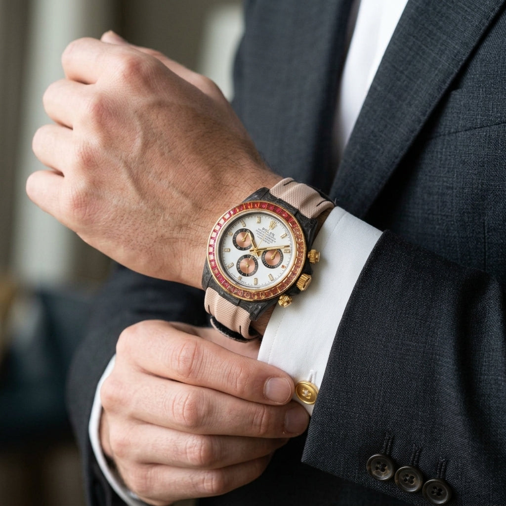Forged carbon chronograph with a white dial and copper counters on the wrist as a shirt cuff is fastened