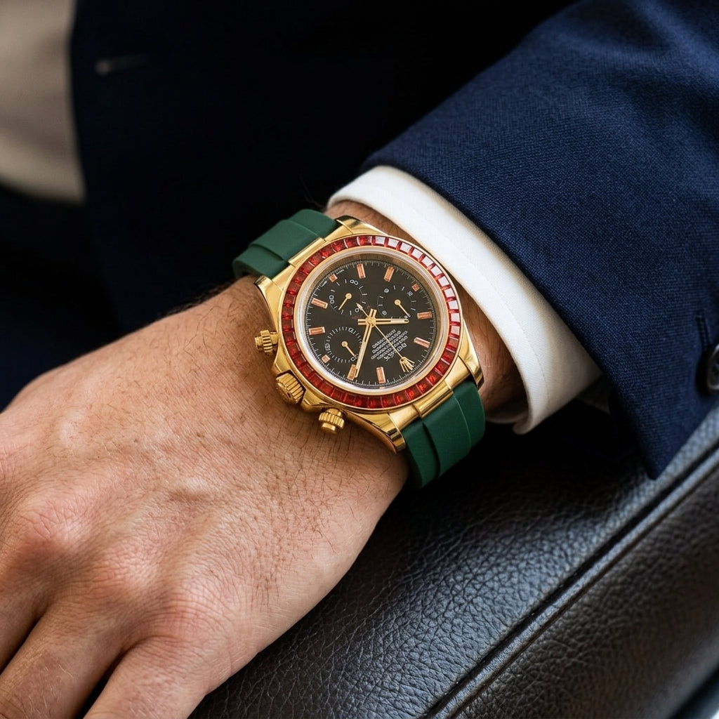 Gold chronograph with a red stone bezel on its dark green rubber strap, worn on the wrist below a dark suit cuff