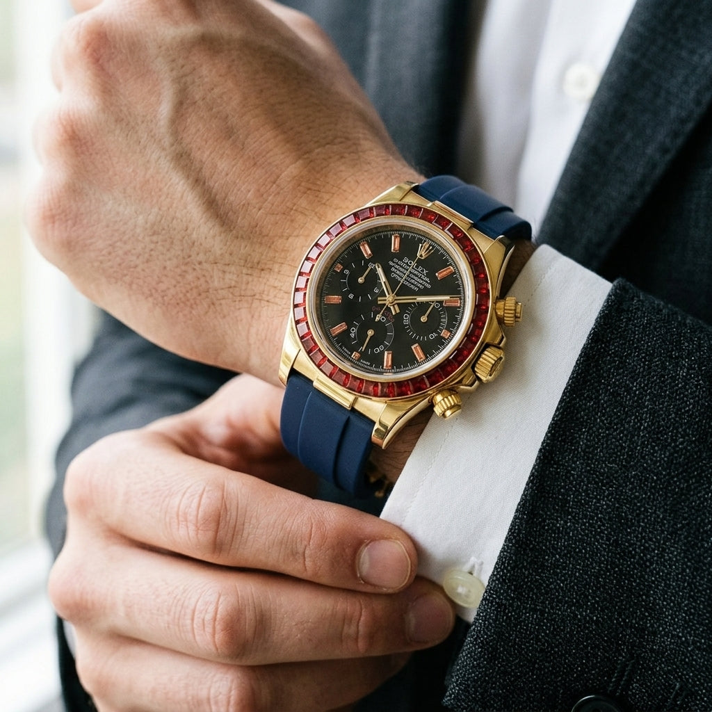 Gold chronograph with a red stone bezel and a black dial on the wrist below a dark suit sleeve as the white shirt cuff is fastened