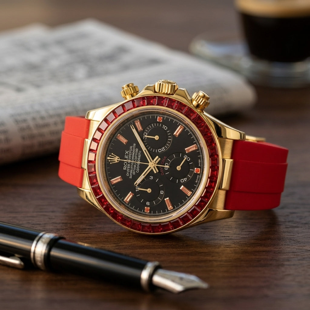 Gold-tone chronograph with a red stone bezel on its red rubber strap on a dark walnut desk beside a fountain pen