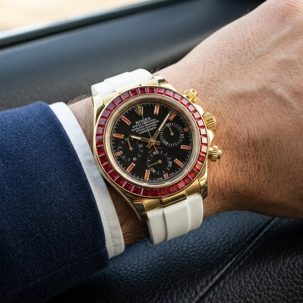 Gold-tone chronograph with a red stone bezel on its white rubber strap, worn on the wrist below a dark suit cuff
