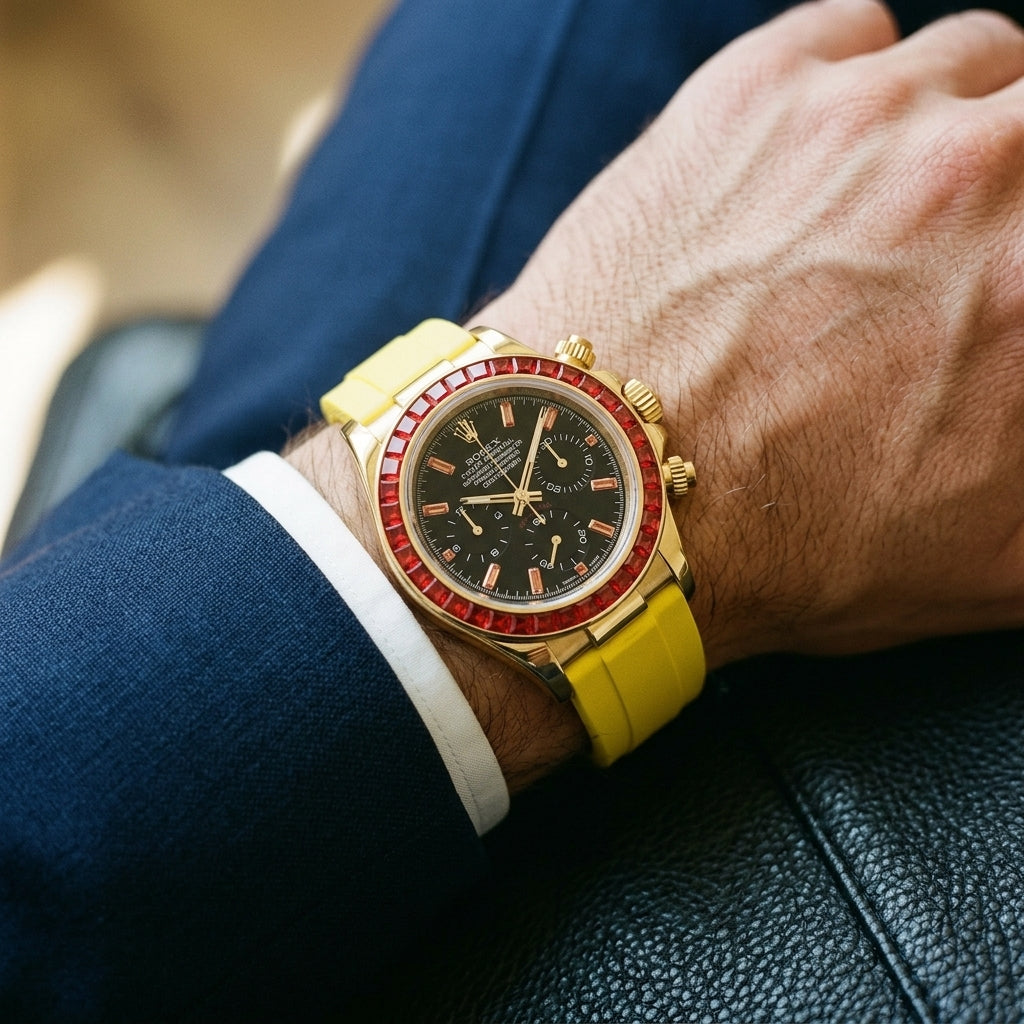 Gold-tone chronograph with a red stone bezel on its yellow rubber strap, worn on the wrist below a dark suit cuff
