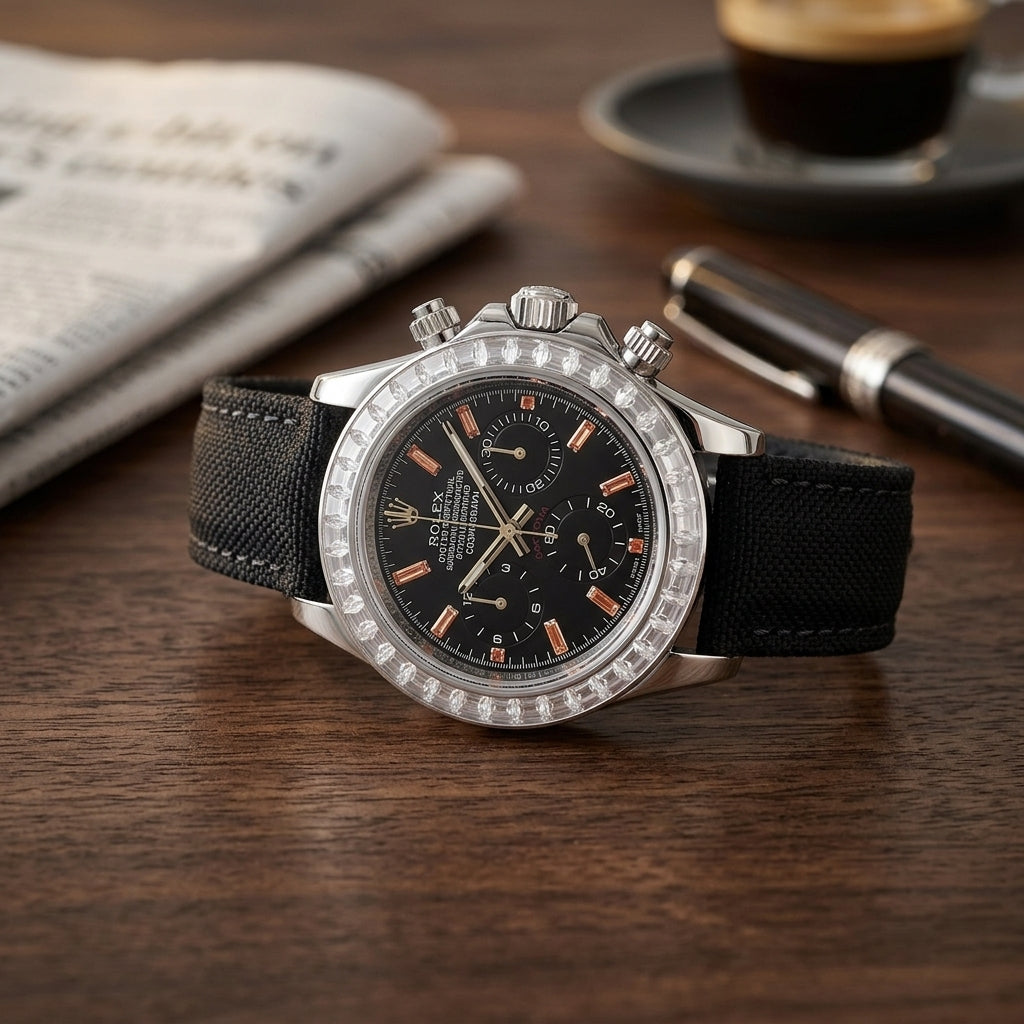 Steel chronograph with a black dial and a clear baguette-stone bezel on a dark walnut desk beside a fountain pen