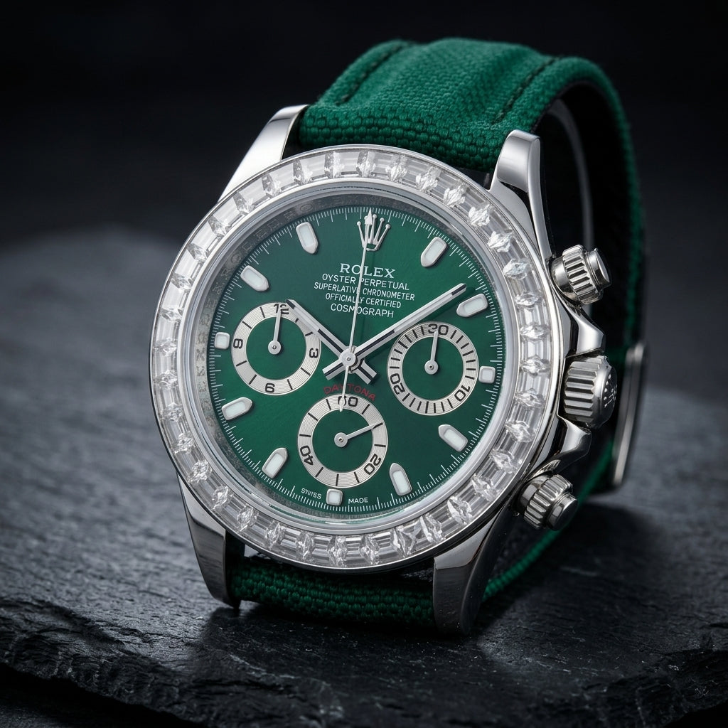 Steel chronograph at a three-quarter angle on dark slate, the clear baguette stones and the fluted crown and pushers beside the green dial