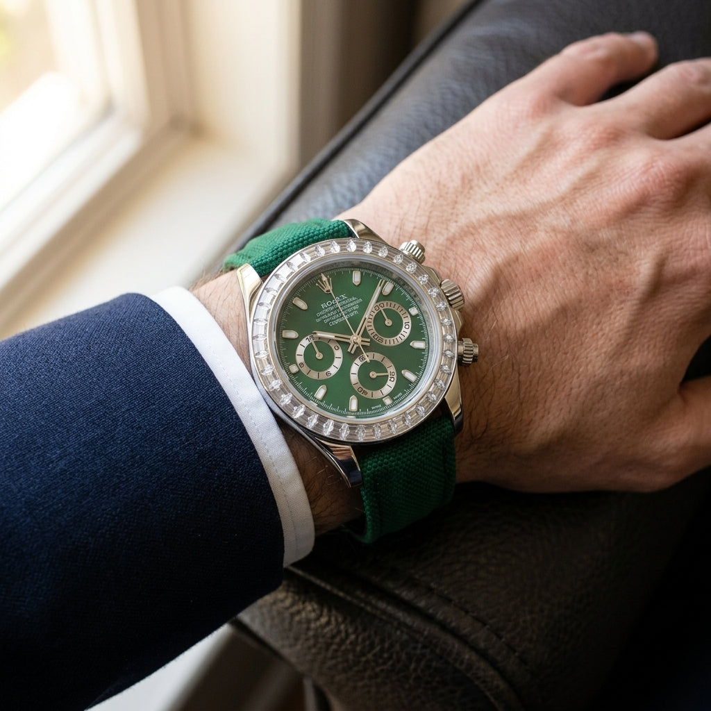 Steel chronograph with a deep green dial on its green canvas strap, worn on the wrist below a dark suit cuff