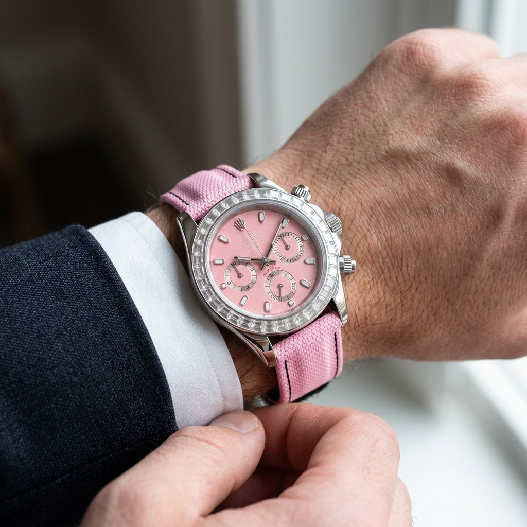 Steel chronograph with a pink dial and a pink canvas strap on the wrist as a white shirt cuff is fastened under a dark suit sleeve