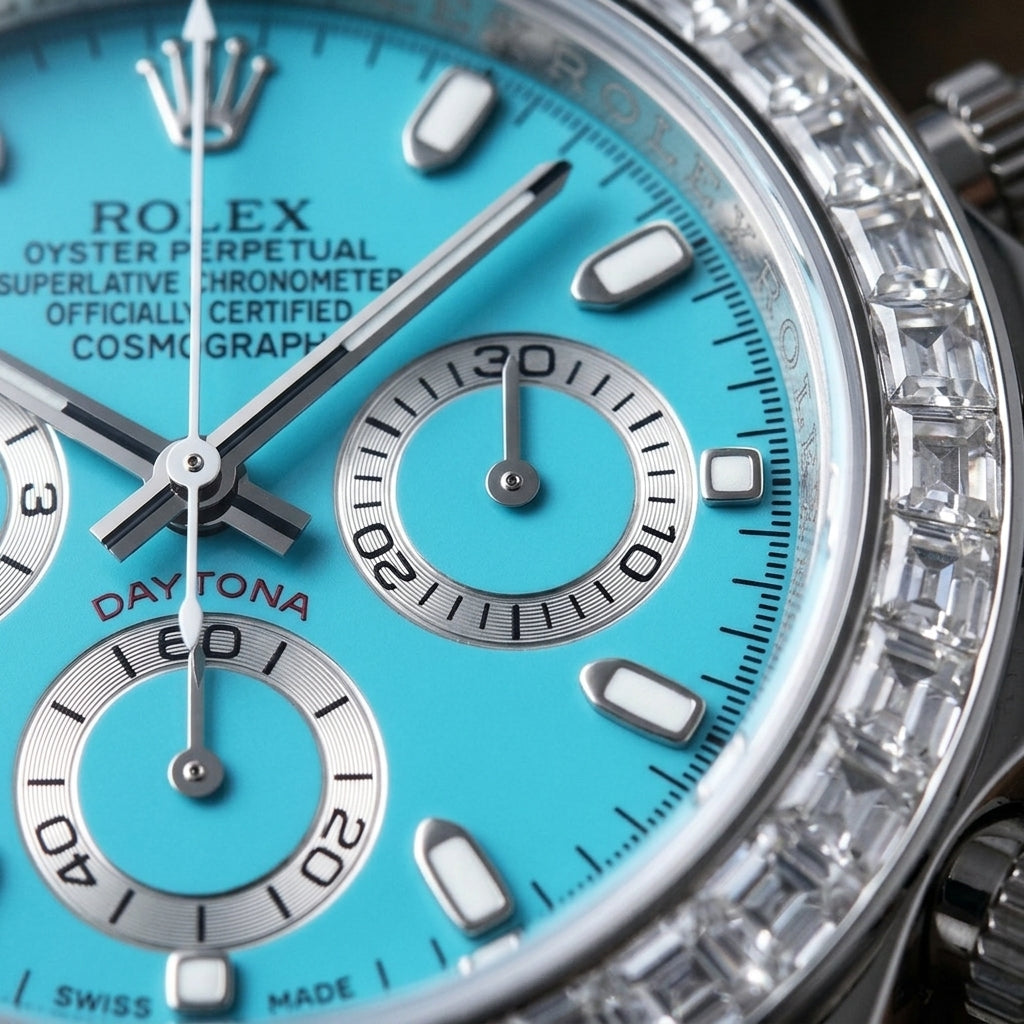 Macro of the turquoise dial with polished steel baton markers and three silver counters inside the ring of clear baguette stones