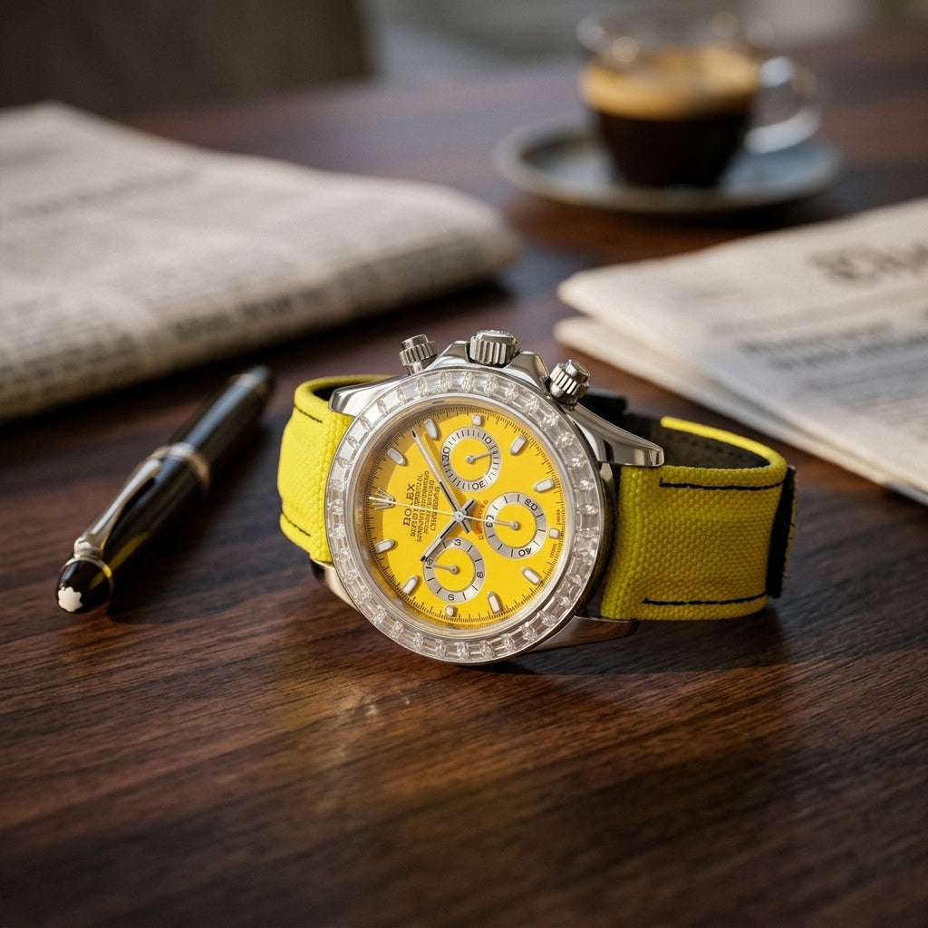 Steel chronograph with a yellow dial and a clear stone bezel on a dark walnut desk beside a fountain pen