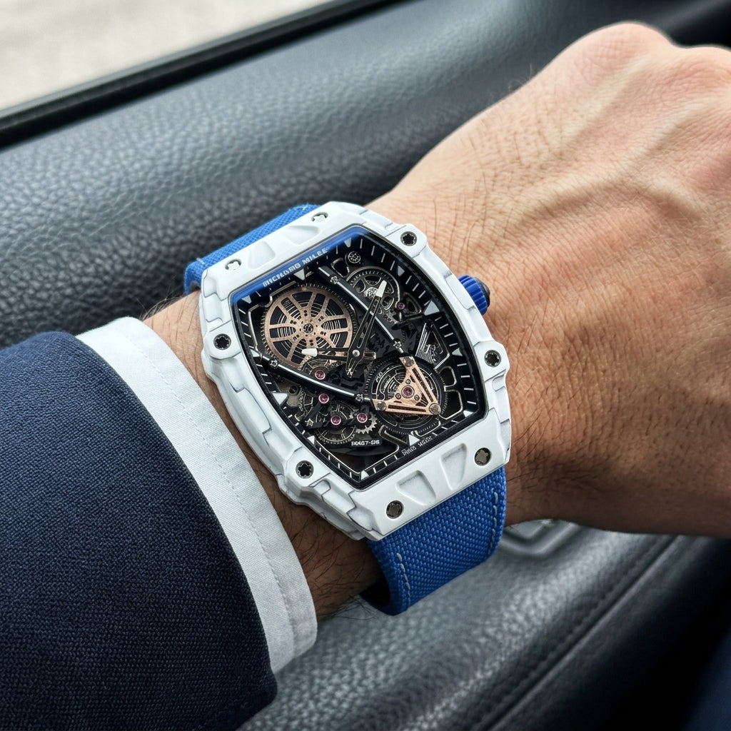 White tonneau tourbillon watch on a blue woven strap, worn on the wrist below a dark suit cuff