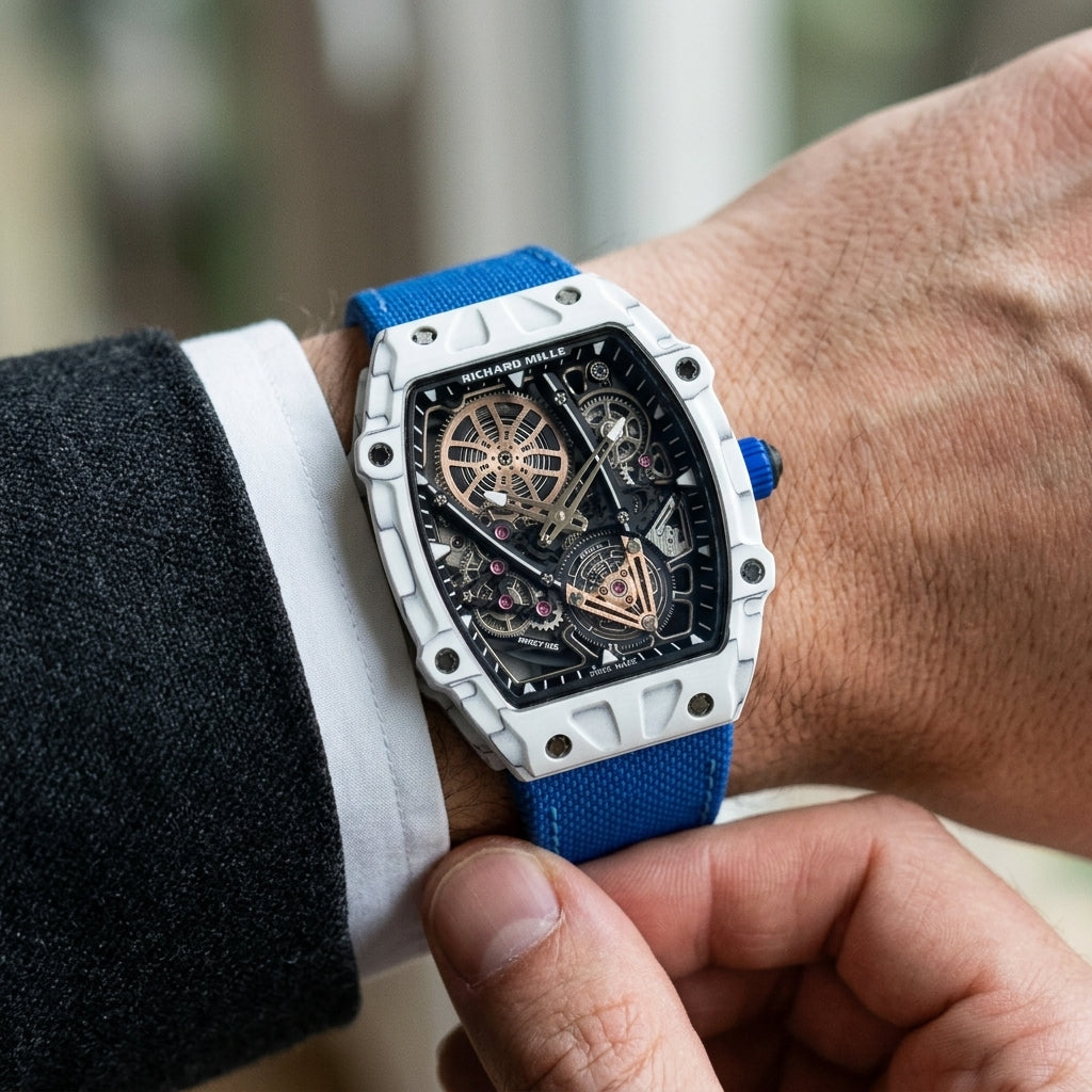 White tonneau skeleton watch with a blue strap on the wrist as a shirt cuff is fastened