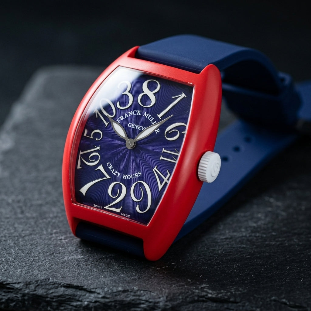 Red curved tonneau watch at a three-quarter angle on dark slate, its curved flank and white fluted crown in view