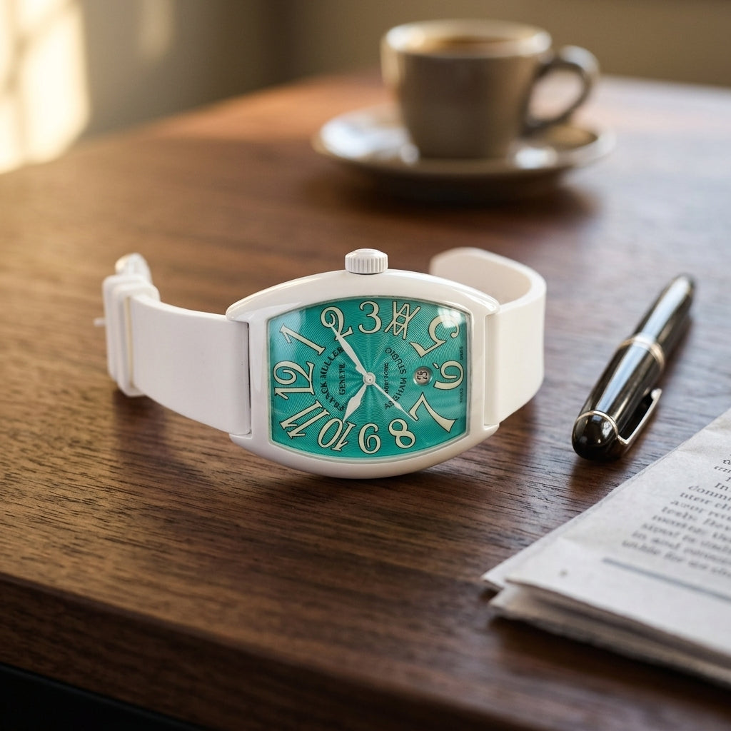 White curved tonneau watch with a turquoise dial on a dark walnut desk beside a fountain pen