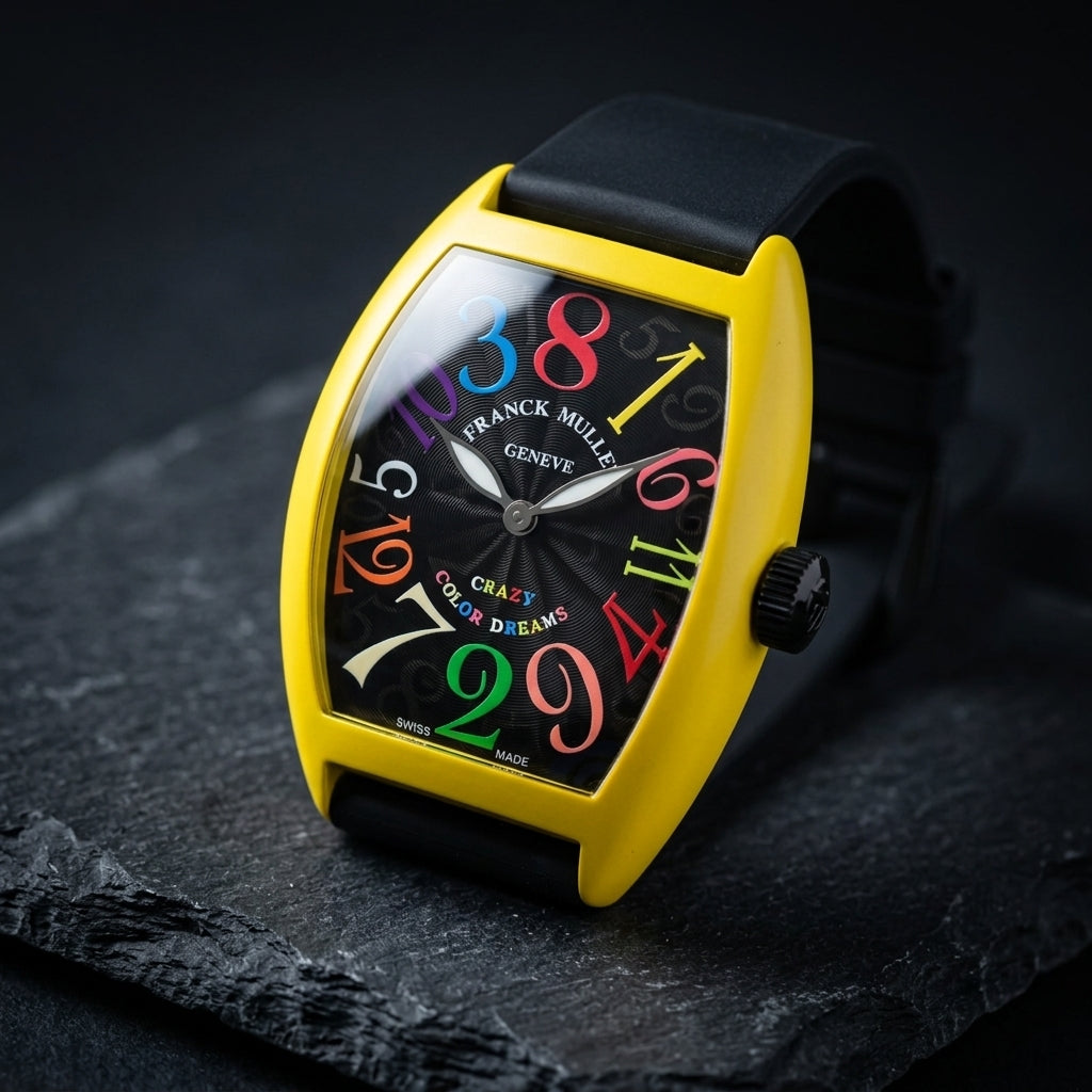 Yellow tonneau watch at a three-quarter angle on dark slate, its arched case flank and black fluted crown in view
