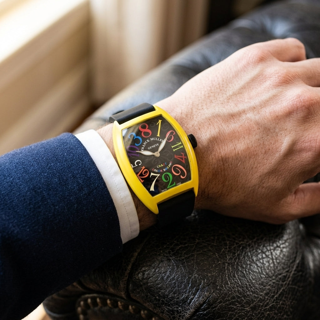 Yellow tonneau watch with a black dial on its black rubber strap, worn on the wrist below a dark suit cuff