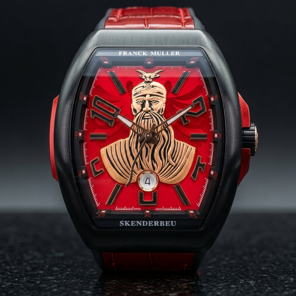 Black curved tonneau watch with a red dial and a raised gold-tone warrior bust, upright on polished black granite