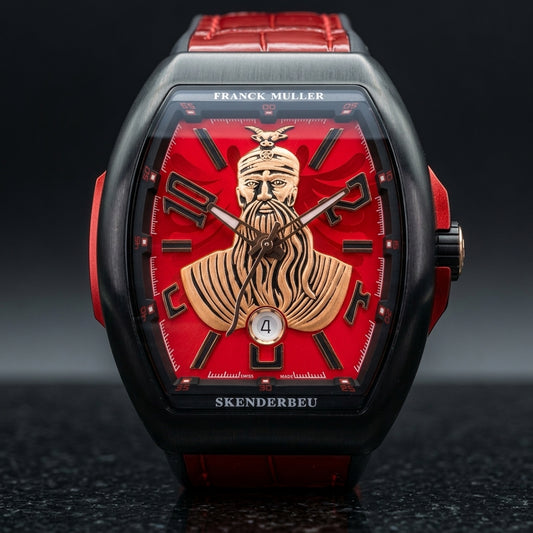 Black curved tonneau watch with a red dial and a raised gold-tone warrior bust, upright on polished black granite