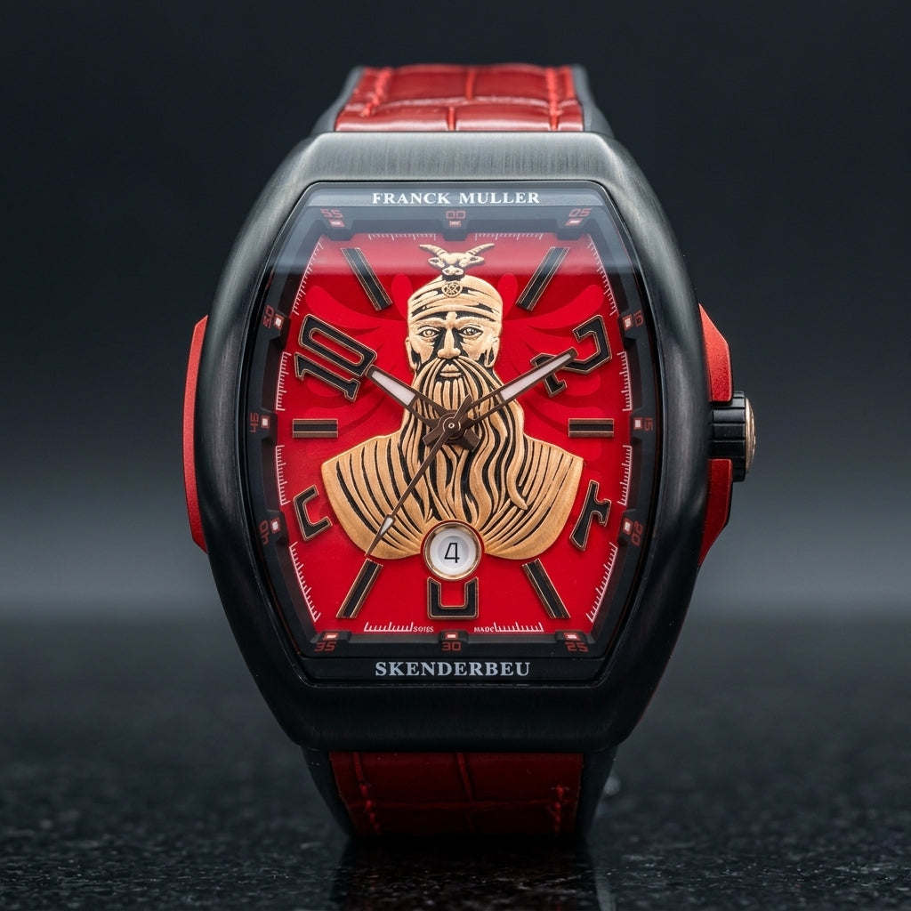 Black curved tonneau watch with a red dial on its red strap, worn on the wrist below a dark suit cuff