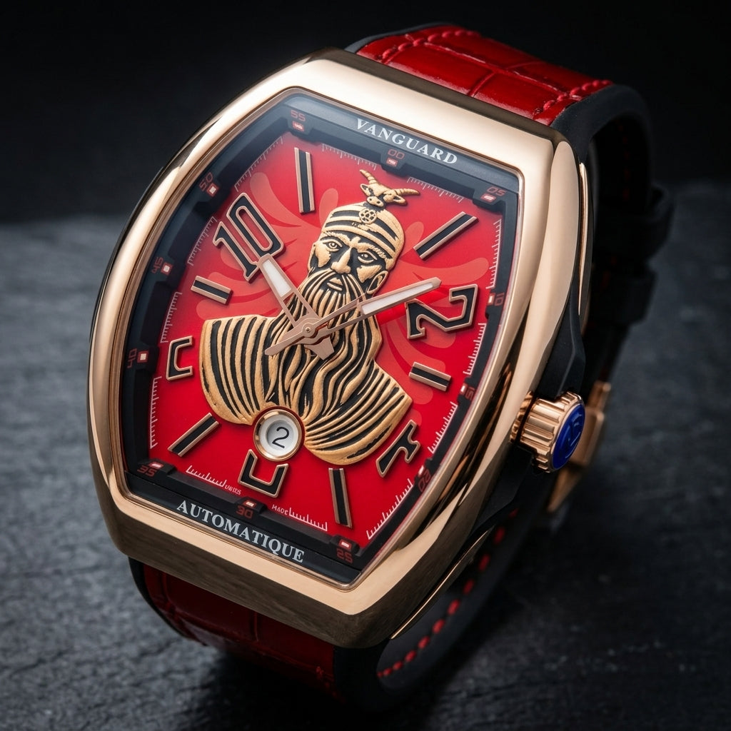 Rose gold curved tonneau watch at a three-quarter angle on dark slate, the black flank and the blue-ended crown in view